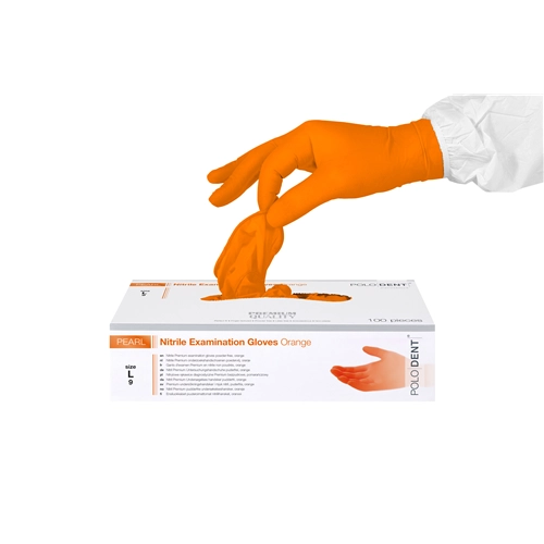 POLODENT HANDSCHOENEN PEARL NITRILE POEDERVRIJ ORANJE LARGE (100st)