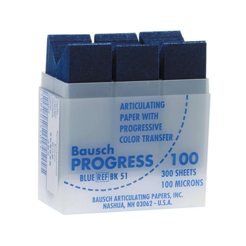 BAUSCH ARTIKULATIEPAPIER BK51 100µ BLAUW IN DISPENSER (52x18mm/300 strips)
