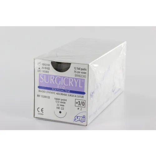 SMI SURGICRYL 910 PAARS 3-0 MET 1/2 CIRKEL RONDBODY NAALD HR22mm 75cm (12st)