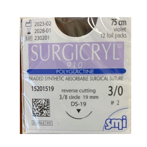 SMI SURGICRYL PGA PAARS 3-0 MET 3/8 CIRKEL BUITEN SNIJDENDE NAALD DS19/75cm (12st) 15201519