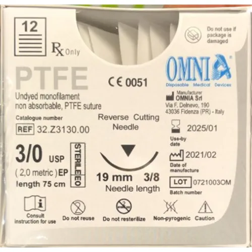 OMNIA PTFE HECHTDRAAD 3-0 MET 19mm 3/8 CIRKEL BUITENSNIJDENDE NAALD 75cm (12st)
