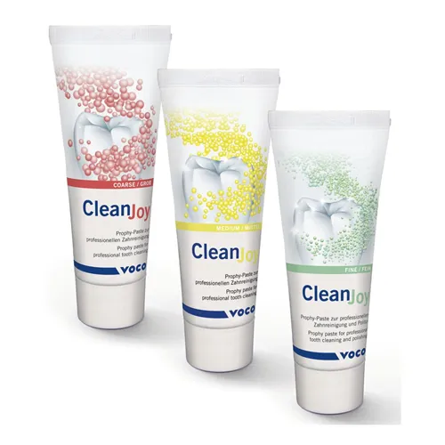 VOCO CLEANJOY TANDREININGS- EN POLIJSTPASTA ASSORTIMENT 1x FIJN/ 1x MEDIUM/ 1x GROF TUBE (3x100gr) 2993
