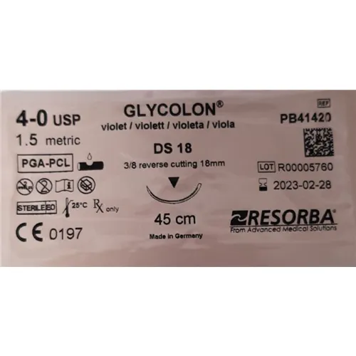 RESORBA GLYCOLON HECHTDRAAD VIOLET 4.0 DS-18 3/8 SNIJDENDE NAALD 45cm (24st)