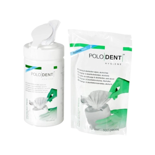 POLODENT DESINFECTIEDOEKJES ALCOHOLVRIJ 18,5x13,5cm REFILL (12x100st + disp.)
